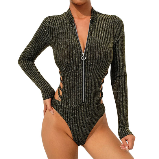 Image Title Glittery Backless Silver Striped Bodysuit Gold Front Open